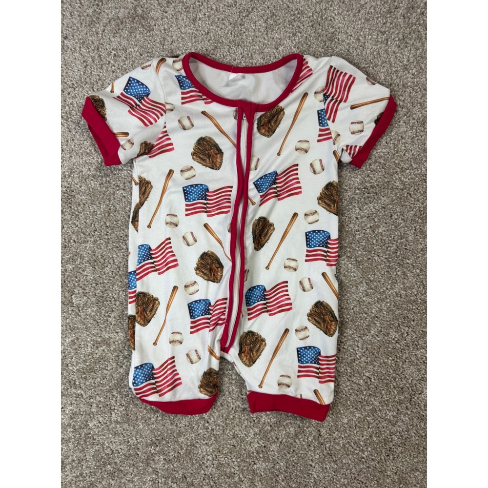 Baby Baseball American Flag Zip Front Short Sleeve Romper 6-12M Red White Blue